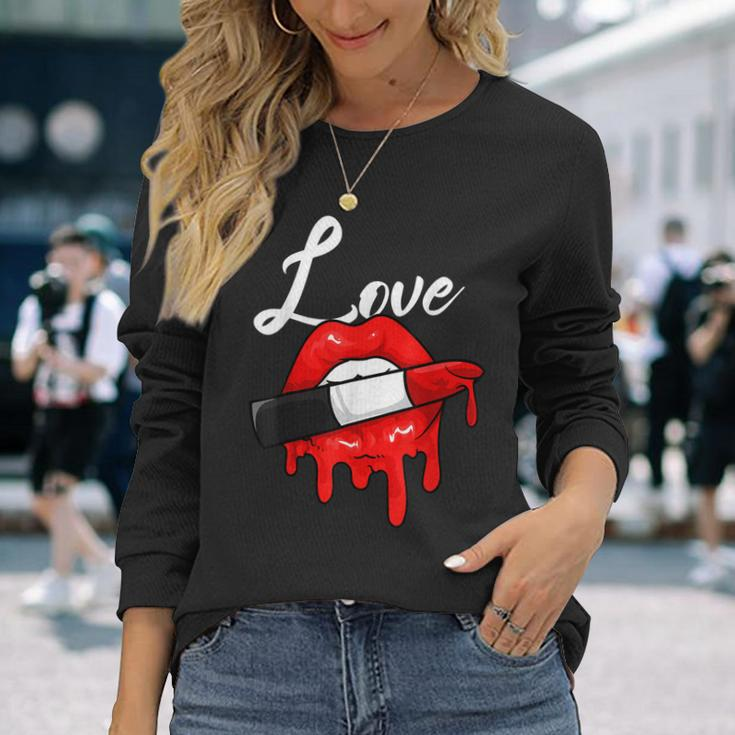 Red Lipstick Lips Love Valentines Day Make Up Valentines Long Sleeve T-Shirt Gifts for Her