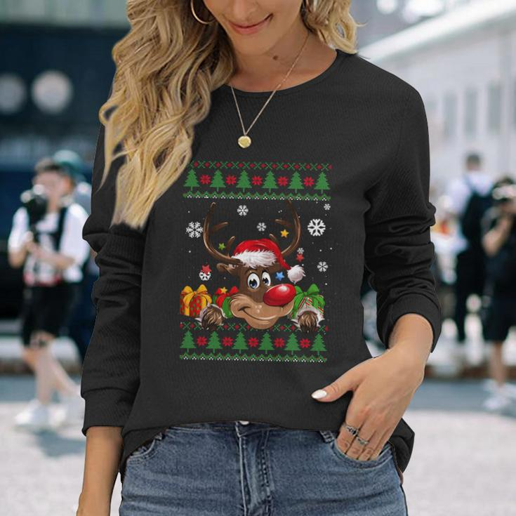 Reindeer Lovers Santa Hat Ugly Christmas Sweater Cool Long Sleeve T-Shirt Gifts for Her
