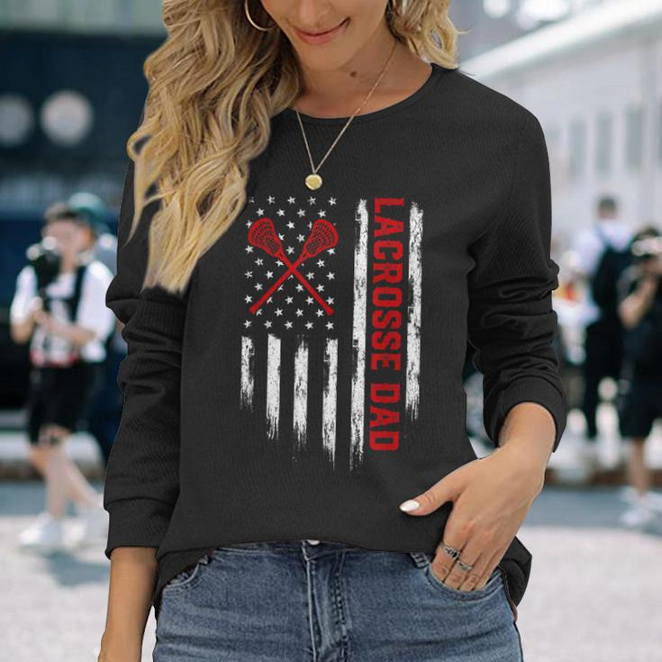 Retro Vintage Usa American Flag Lacrosse Dad Patriotic Long Sleeve T-Shirt Gifts for Her