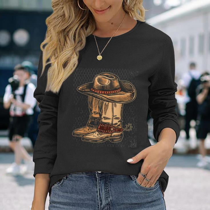 Rodeo Bull Riding Hat Line Dance Boots Cowboy Long Sleeve T-Shirt Gifts for Her