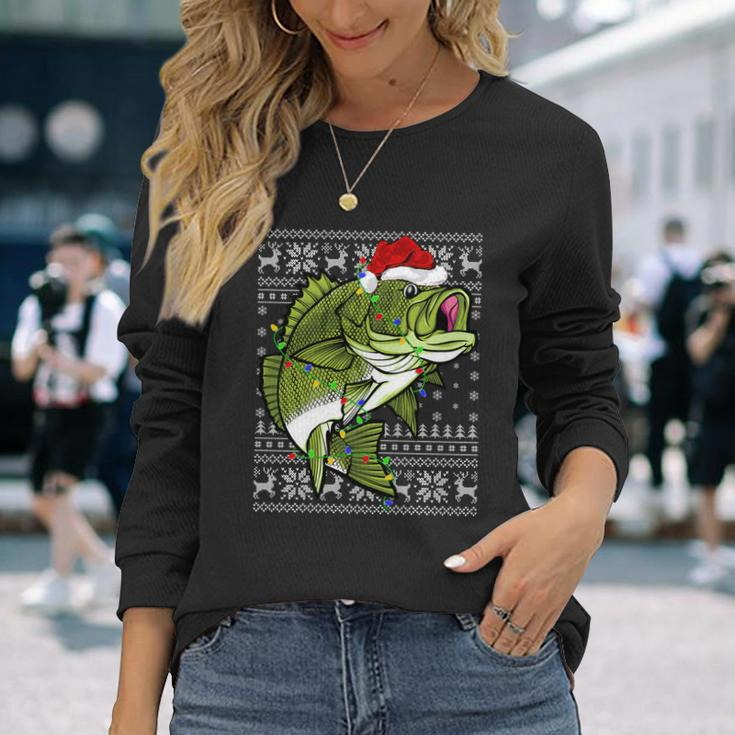 Santa Hat Bass Fish Xmas Lighting Ugly Bass Christmas Long Sleeve T-Shirt Gifts for Her