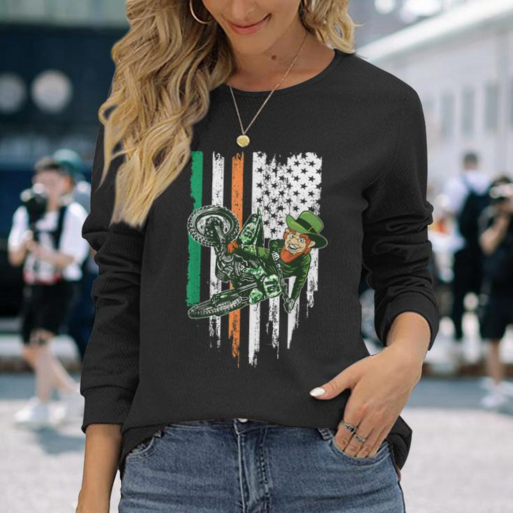 St Patricks Day Motocross Mx Irish Leprechaun Dirt Bike Long Sleeve T-Shirt Gifts for Her