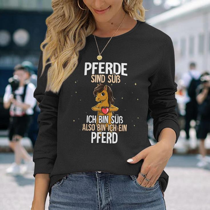 Süßes Schwarzes Pferde-Spruch Langarmshirts, Cartoon-Design Tee Geschenke für Sie