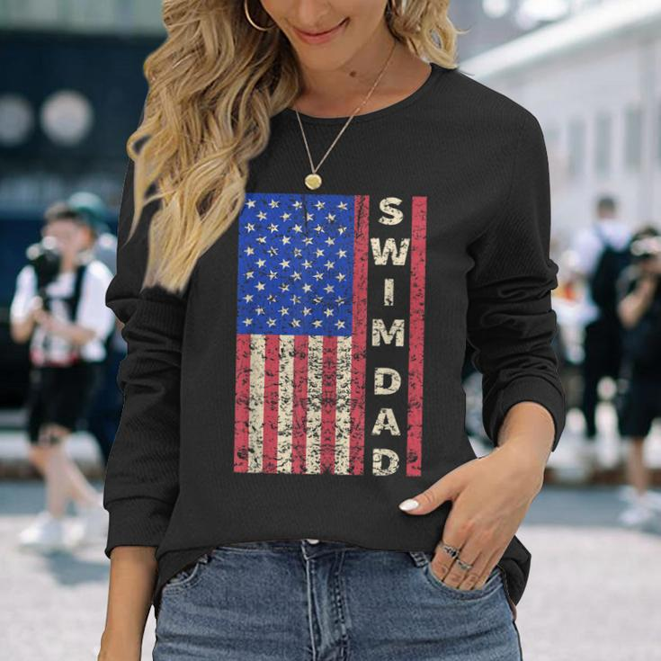 Swim Dad American Flag Swimmer Fathers Day Long Sleeve T-Shirt Gifts for Her