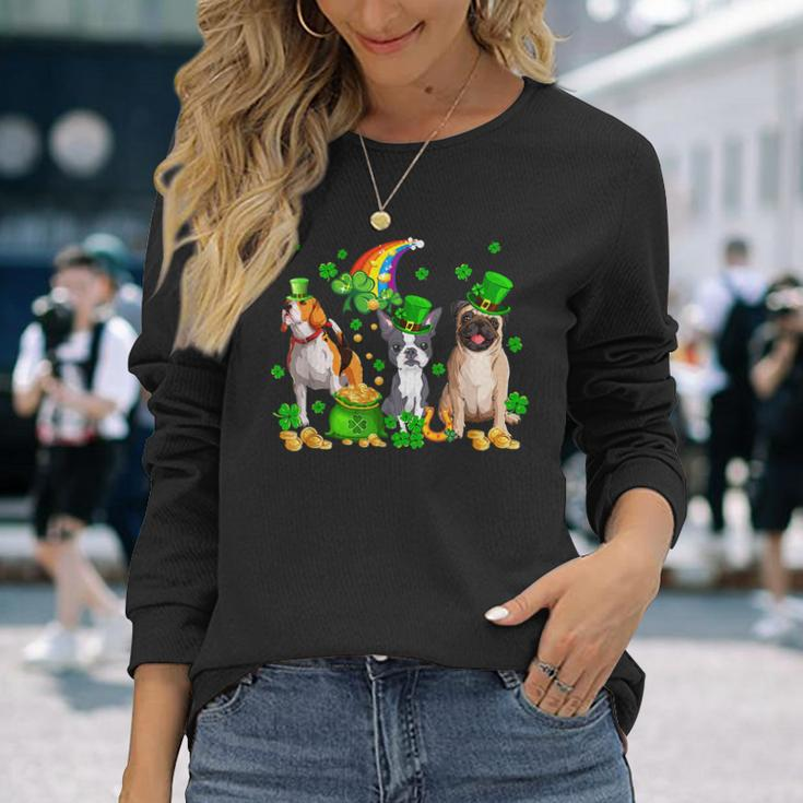 Three St Patricks Day Dogs Beagle Pug French Bulldog Lover Long Sleeve T-Shirt Gifts for Her