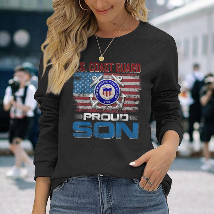 US Coast Guard Proud Son With American Flag Long Sleeve T-Shirt Gifts for Her