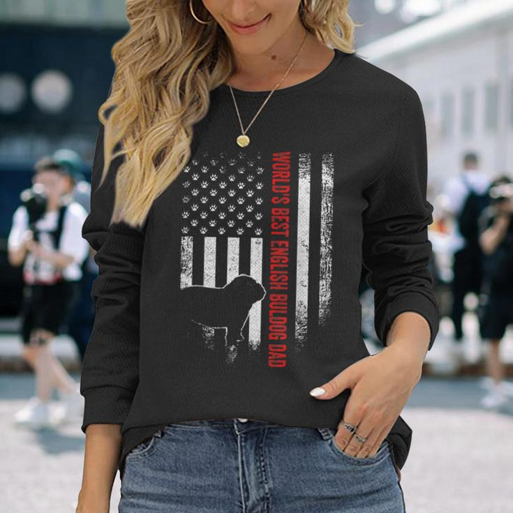 Vintage American Flag Worlds Best English Bulldog Dad Long Sleeve T-Shirt Gifts for Her