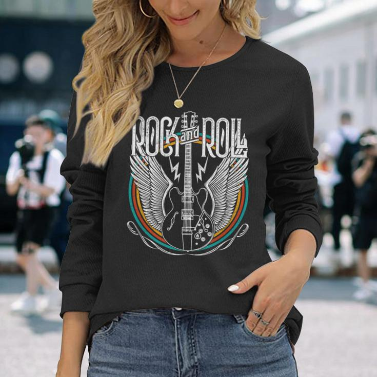 Vintage Retro Distressed 80S Rock & Roll Music Guitar Wings Long Sleeve T-Shirt Gifts for Her