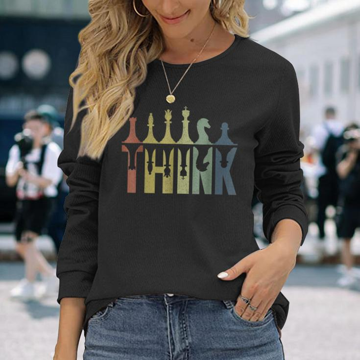 Vintage Retro Think Chess Pieces Chess Coach Players Long Sleeve T-Shirt Gifts for Her