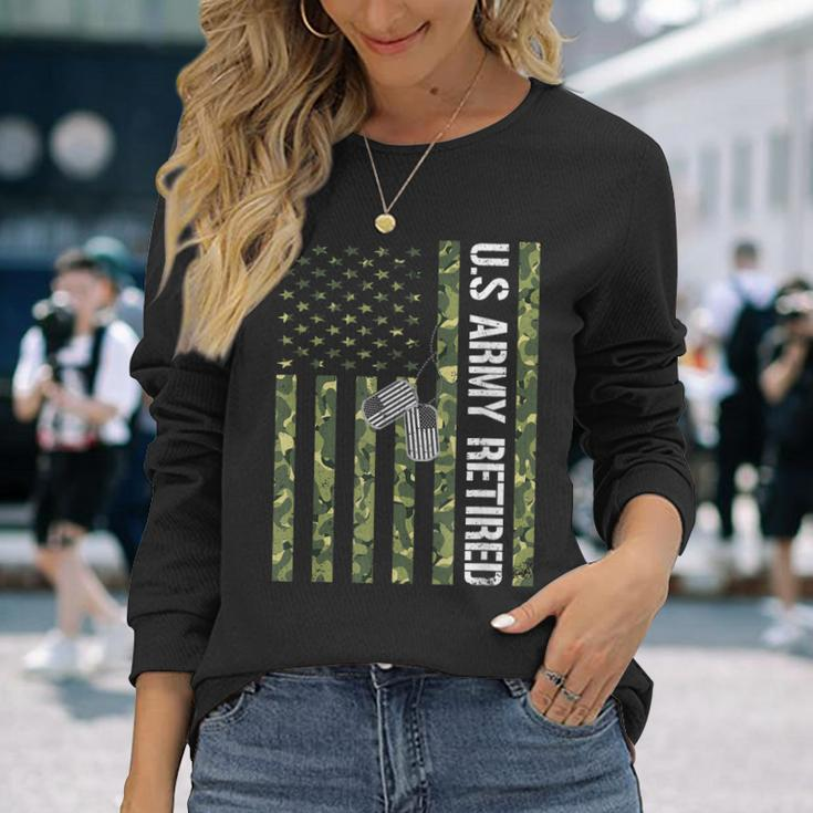 Vintage Us Army Retired American Flag Camo Veteran Day Gift Men Women Long Sleeve T-shirt Graphic Print Unisex Gifts for Her