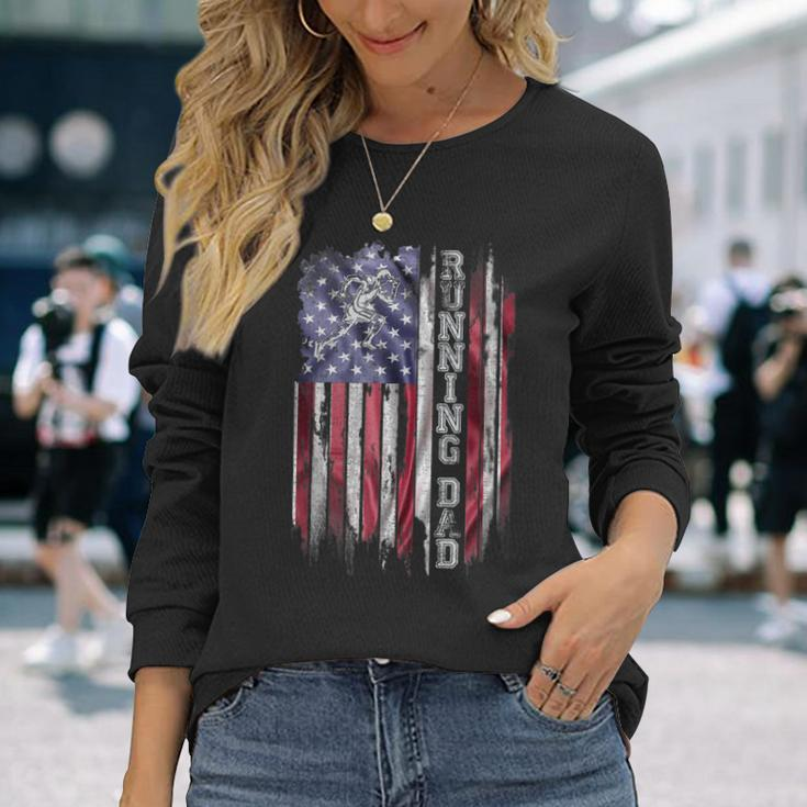 Vintage Usa Flag Proud Running Dad Runner Silhouette Long Sleeve T-Shirt Gifts for Her