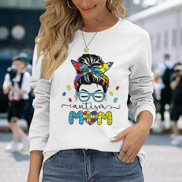 Autism Mom Messy Bun Sunglasses Bandana Autism Awareness Long Sleeve T-Shirt T-Shirt Gifts for Her