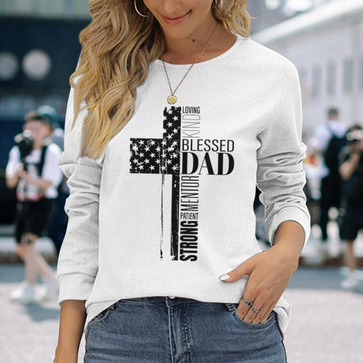 Cool Christian Blessed Dad Cross American Flag Fathers Day Long Sleeve T-Shirt T-Shirt Gifts for Her