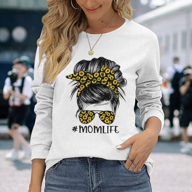 Mother Sunflowers Mom Life Messy Bun Hair Sunglasses Mom Long Sleeve T-Shirt Gifts for Her