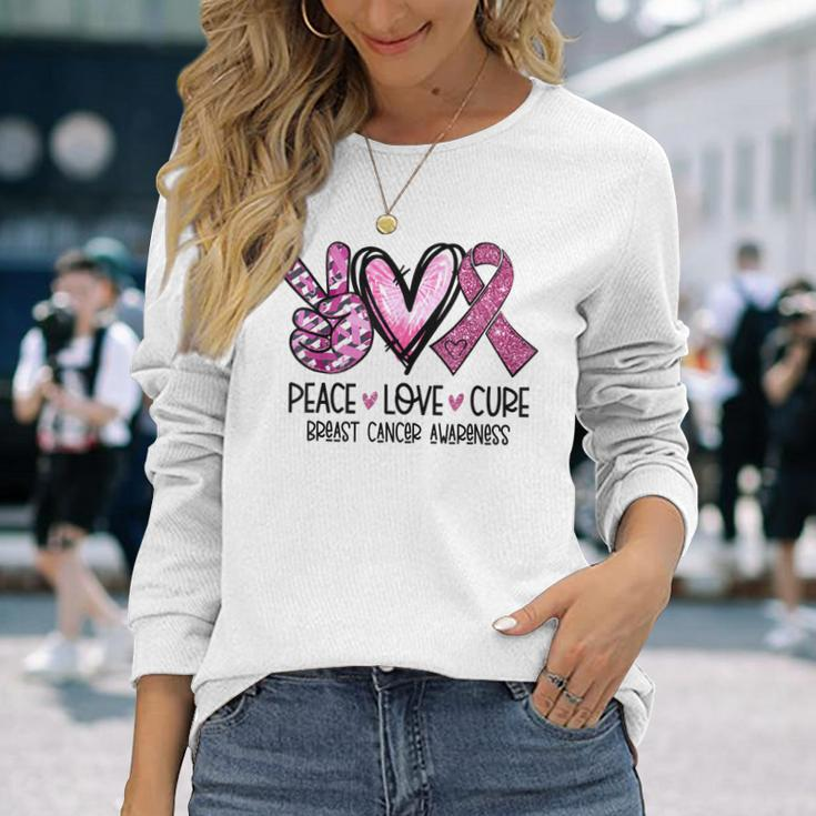 Peace Love Cure Pink Ribbon Cancer Breast Awareness Long Sleeve T-Shirt Gifts for Her