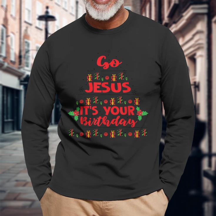 Go Jesus Its Your Birthday Christmas Tree Ornaments Lights  Men Women Long Sleeve T-shirt Graphic Print Unisex