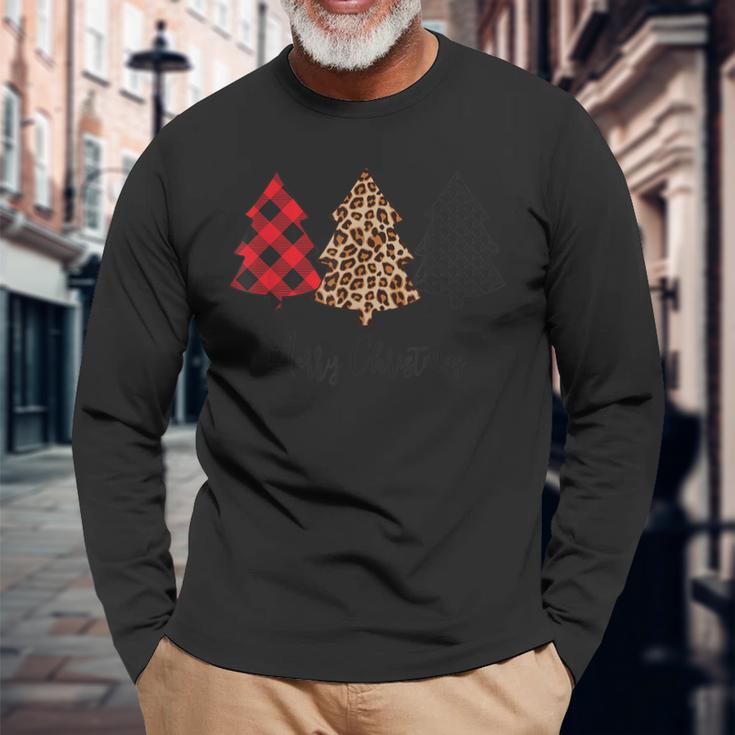 Cute Merry Christmas Tree Plaid And Leopard Top  Men Women Long Sleeve T-shirt Graphic Print Unisex