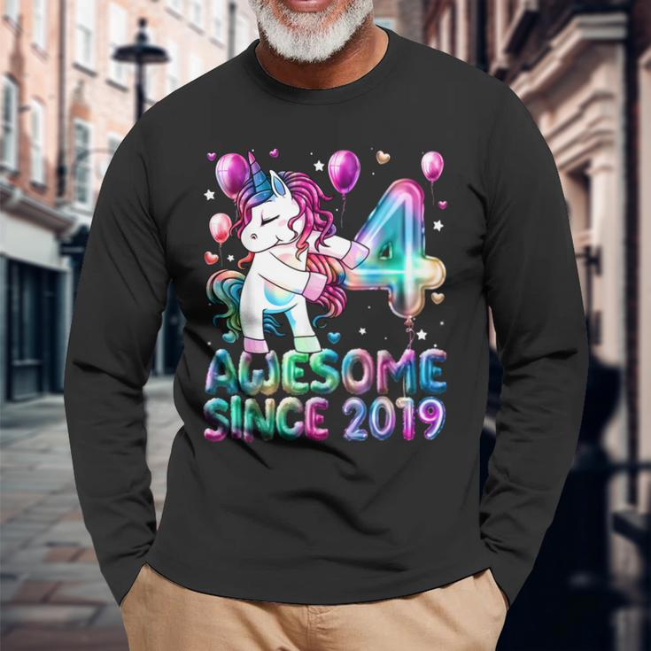 4 Years Old Unicorn Flossing 4Th Birthday Girl Unicorn Party V5 Long Sleeve T-Shirt Gifts for Old Men