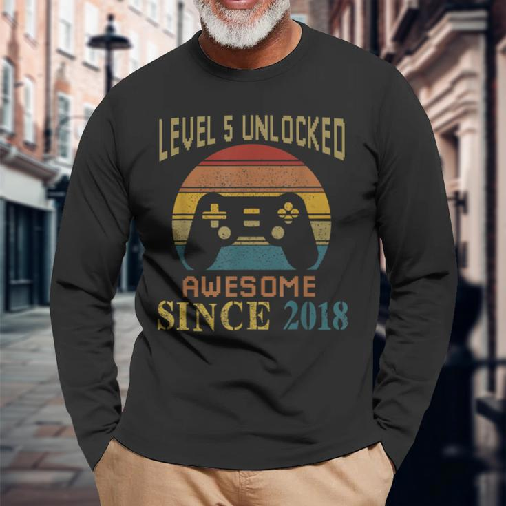 5 Years Level 5 Unlocked Awesome Since 2018 5Th Birthday Men Women Long Sleeve T-shirt Graphic Print Unisex Gifts for Old Men