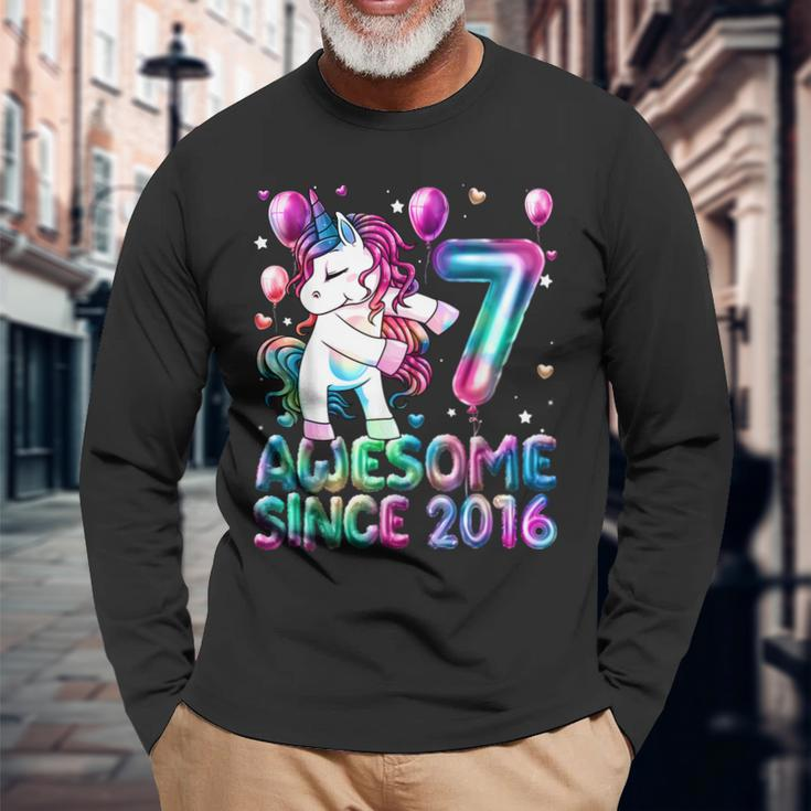 7 Years Old Unicorn Flossing 7Th Birthday Girl Unicorn Party Long Sleeve T-Shirt Gifts for Old Men