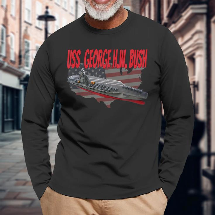 Aircraft Carrier Uss George HW Bush Cvn-77 Grandpa Dad Son Long Sleeve T-Shirt Gifts for Old Men