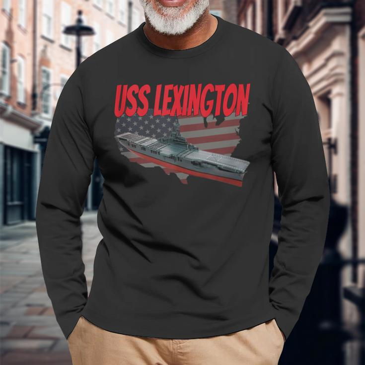Aircraft Carrier Uss Lexington Cv-16 Veteran Grandpa Dad Son Long Sleeve T-Shirt Gifts for Old Men