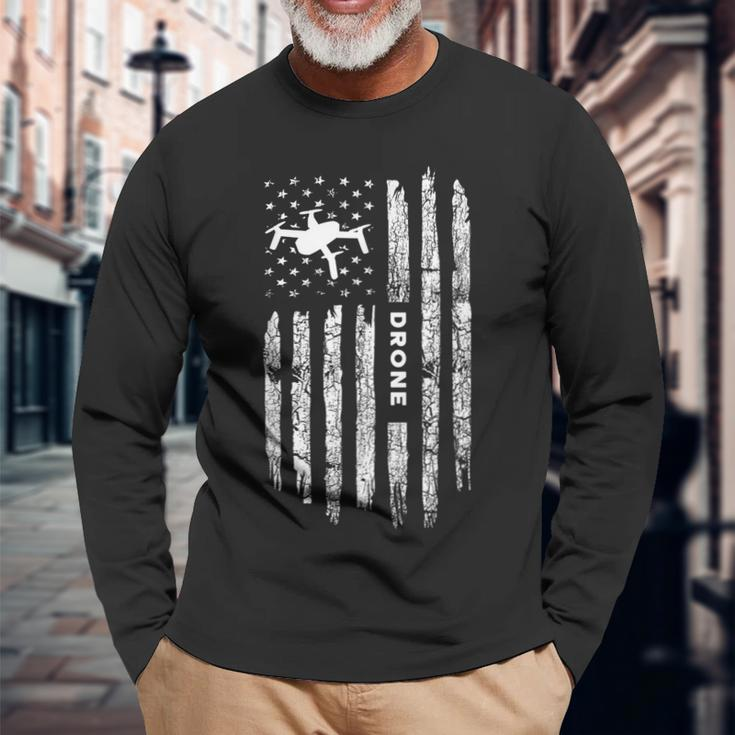 American Flag Drone Clothing Drone Pilot Vintage Drone Long Sleeve T-Shirt T-Shirt Gifts for Old Men