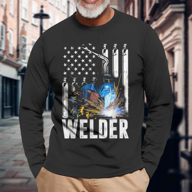 American Flag Welder Patriotic Fathers Day Long Sleeve T-Shirt Gifts for Old Men