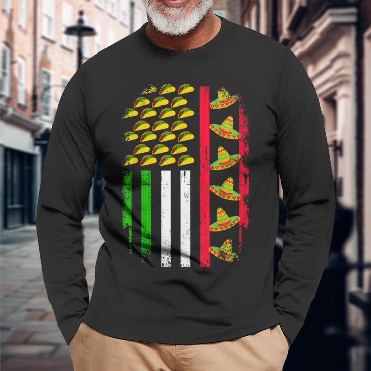 American Mexican Flag With Sombrero And Taco Cinco De Mayo Long Sleeve T-Shirt T-Shirt Gifts for Old Men