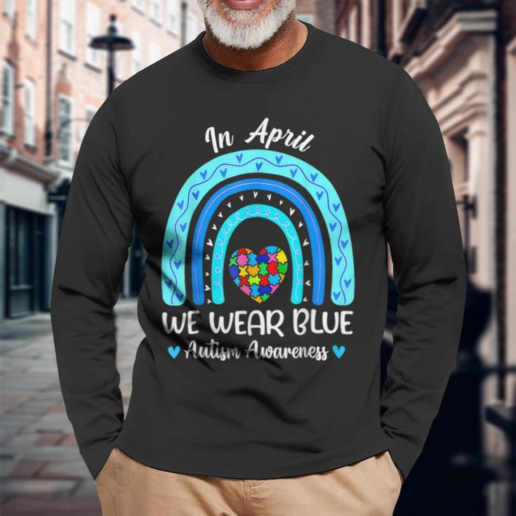 In April We Wear Blue Autism Awareness Month Puzzle Rainbow Long Sleeve T-Shirt T-Shirt Gifts for Old Men