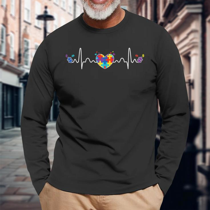 Autism Heartbeat Autistic Awareness Fighter Special Needs Long Sleeve T-Shirt Gifts for Old Men