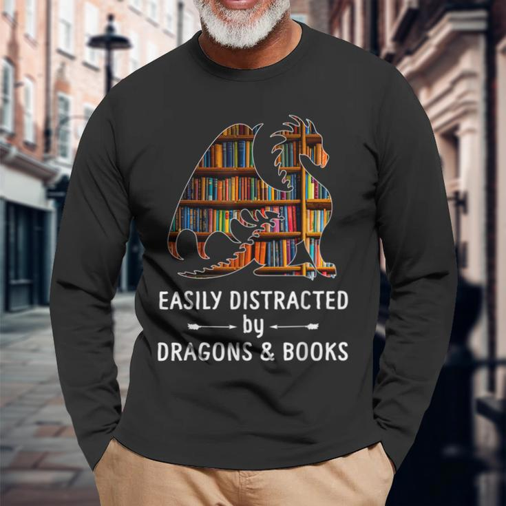 Awesome Dragons Easily Distracted By Dragons And Books Long Sleeve T-Shirt Gifts for Old Men