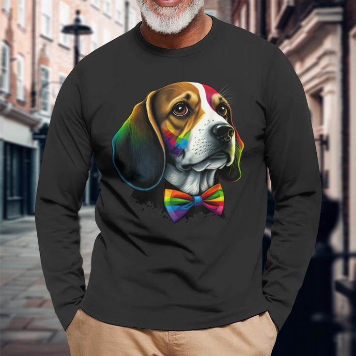 Beagle Gay Pride Dog Lgbt Rainbow Flag On Beagle Lgbtq Long Sleeve T-Shirt Gifts for Old Men