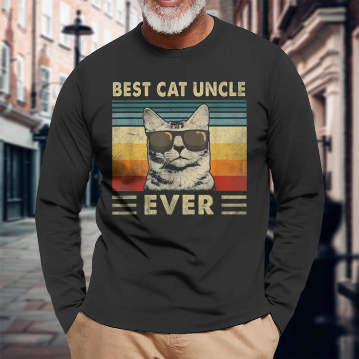 Best Cat Uncle Ever Vintage Retro Cat Dad Father Day Long Sleeve T-Shirt Gifts for Old Men