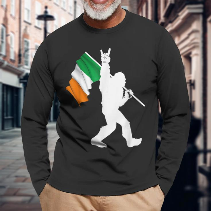 Bigfoot Rock And Roll On St Patricks Day With Irish Flag Long Sleeve T-Shirt Gifts for Old Men