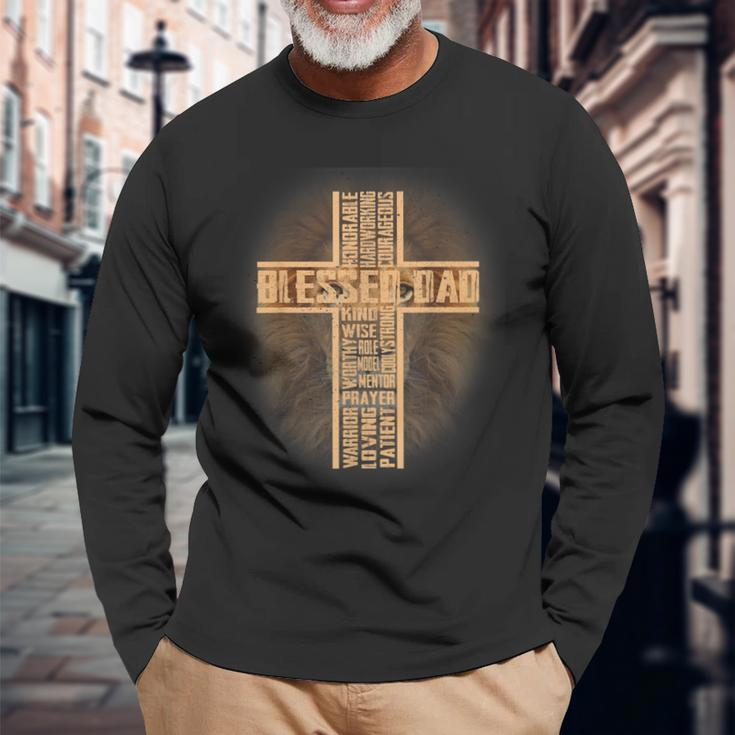 Blessed Dad Lion Christian Cross Fathers Day Papa Husband Long Sleeve T-Shirt Gifts for Old Men