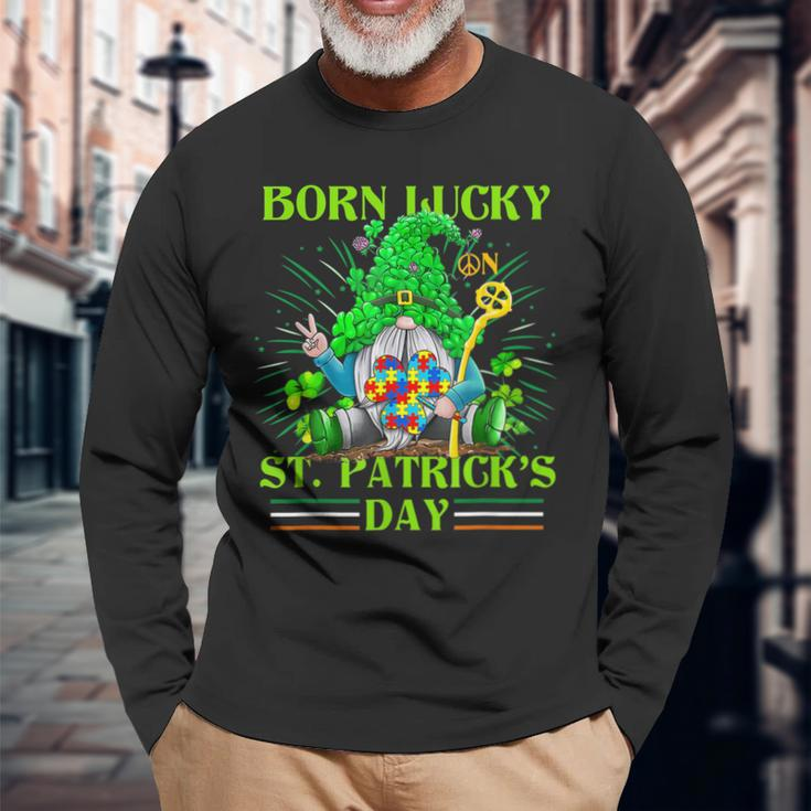 Born Lucky On St Patricks Day Autism St Patricks Day Gnomes Long Sleeve T-Shirt Gifts for Old Men