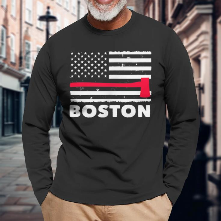 Boston Us Flag Pocket Firefighter Thin Red Line Fireman Long Sleeve T-Shirt Gifts for Old Men