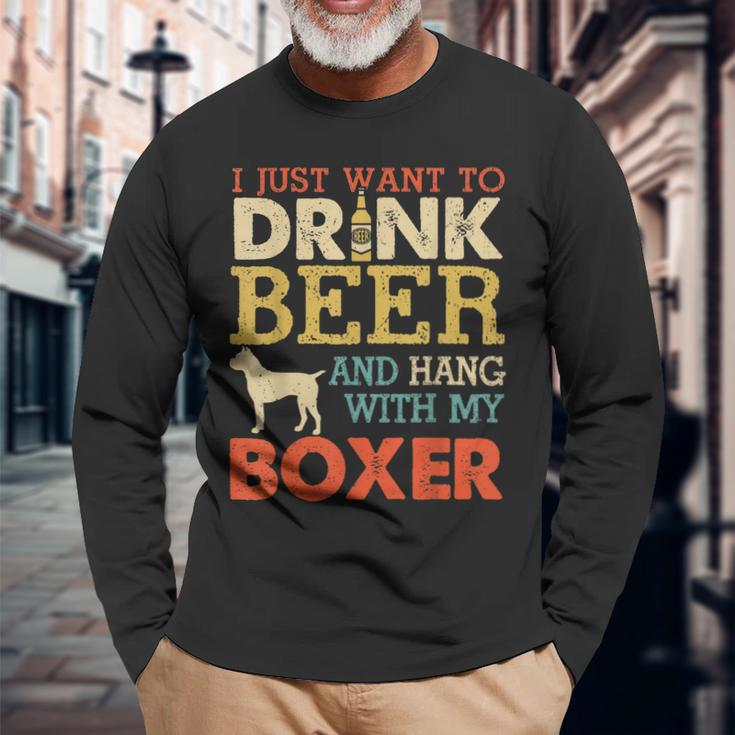 Boxer Dad Drink Beer Hang With Dog Men Vintage Long Sleeve T-Shirt Gifts for Old Men