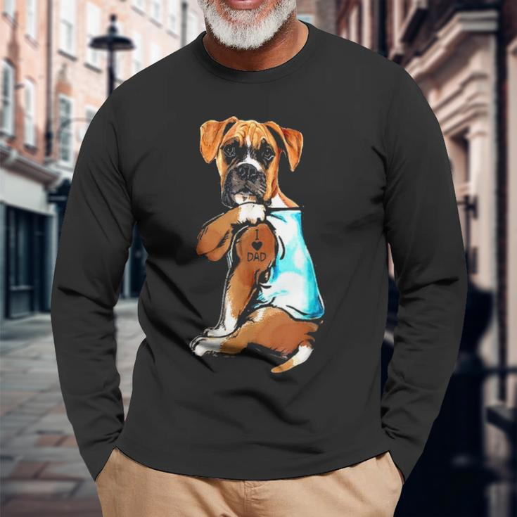 Boxer Dog I Love Dad Tattoo Boxer Lover Long Sleeve T-Shirt Gifts for Old Men