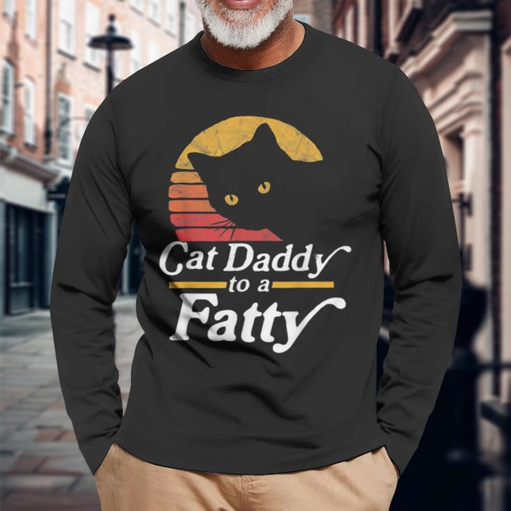 Cat Daddy To A Fatty Vintage 80S Sunset Fat Chonk Dad Long Sleeve T-Shirt Gifts for Old Men