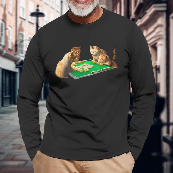 Cat Mahjong With Letters Clothes Goods Jokushi Long Sleeve T-Shirt T-Shirt Gifts for Old Men