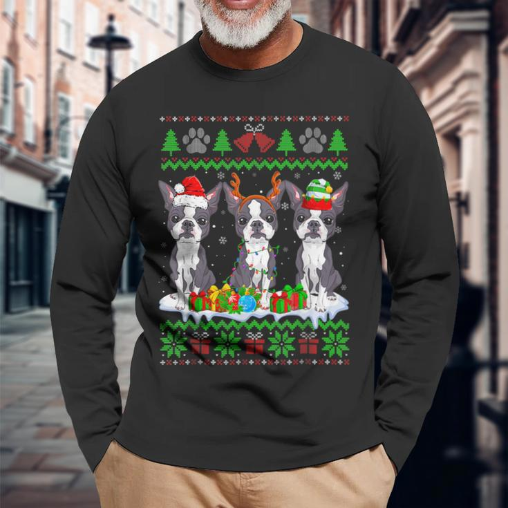 Christmas Boston Terrier Dog Puppy Lover Ugly Xmas Sweater Men Women Long Sleeve T-shirt Graphic Print Unisex Gifts for Old Men