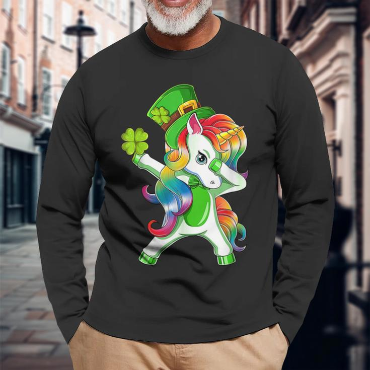 Dabbing Unicorn St Patricks Day Irish Shamrock Lepricorn V2 Long Sleeve T-Shirt Gifts for Old Men