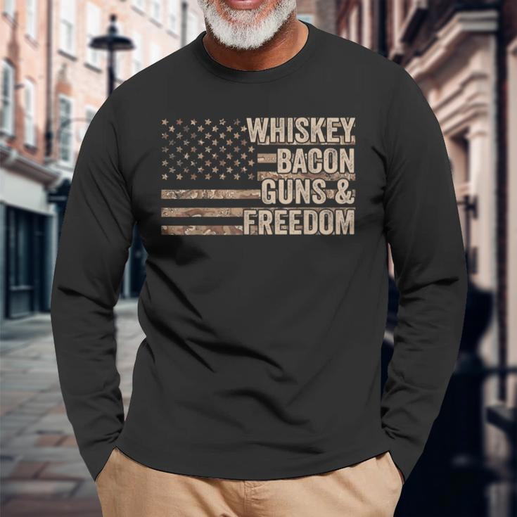 Dad Grandpa Veteran Us Flag Whiskey Bacon Guns Freedom V2 Men Women Long Sleeve T-shirt Graphic Print Unisex Gifts for Old Men