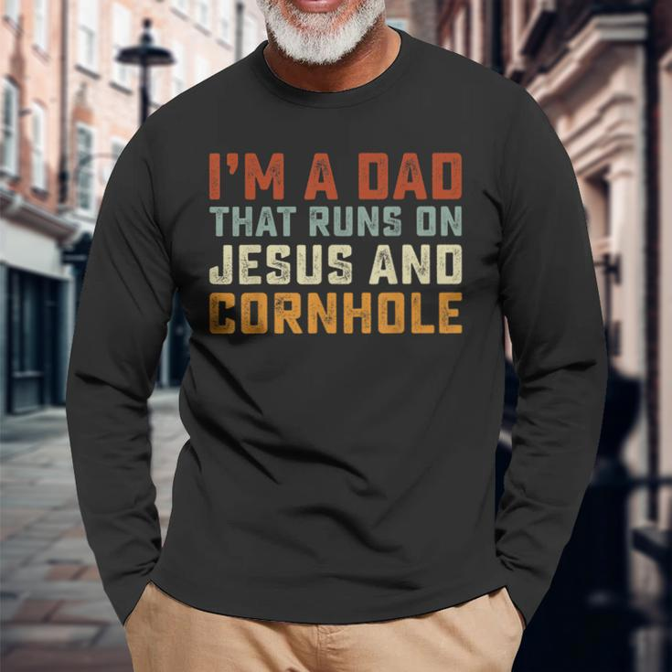 Im A Dad That Runs On Jesus Cornhole Christian Vintage Long Sleeve T-Shirt Gifts for Old Men