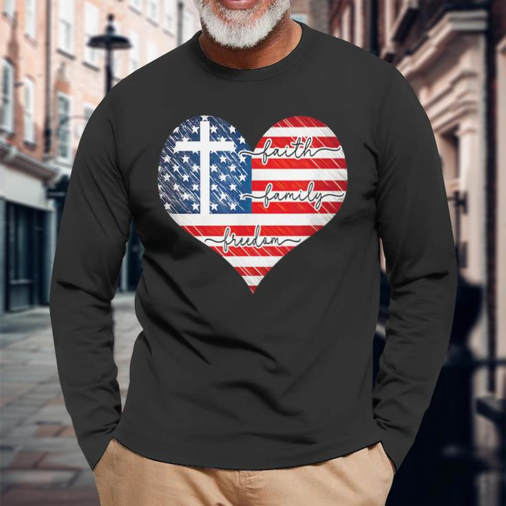 Faith Freedom Heart 4Th Of July Patriotic Flag Long Sleeve T-Shirt Gifts for Old Men