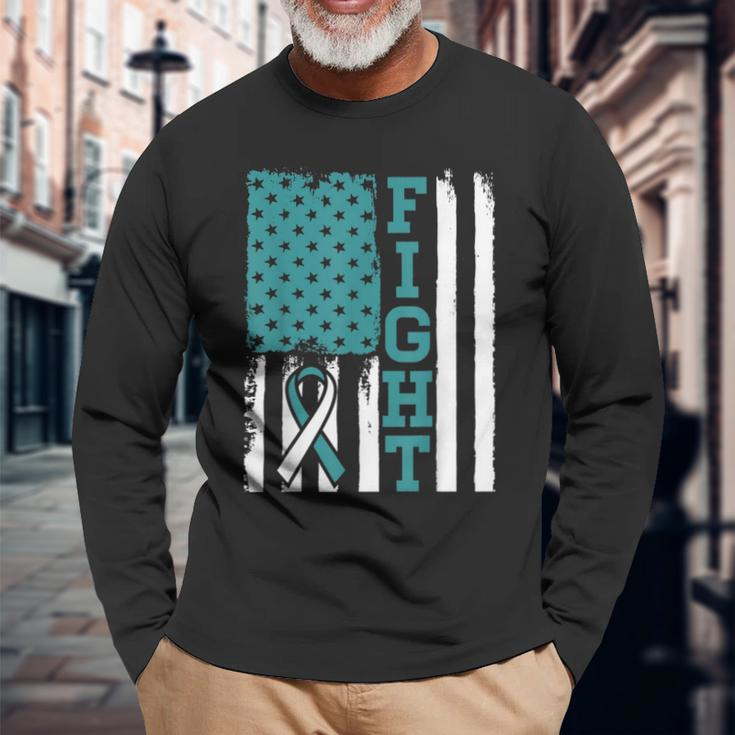 Fight Cervical Cancer Awareness Month White Teal Ribbon Long Sleeve T-Shirt T-Shirt Gifts for Old Men