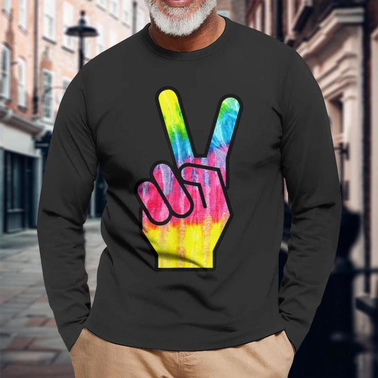 Finger Peace Sign Tie Dye 60S 70S Hippie Costume Long Sleeve T-Shirt T-Shirt Gifts for Old Men