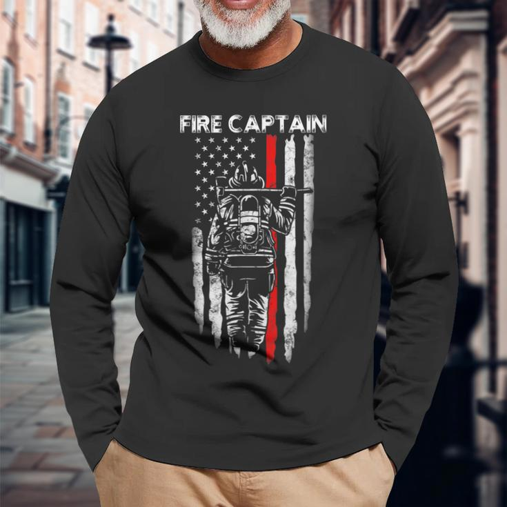 Fire Captain Chief American Flag Firefighter Captain Long Sleeve T-Shirt Gifts for Old Men